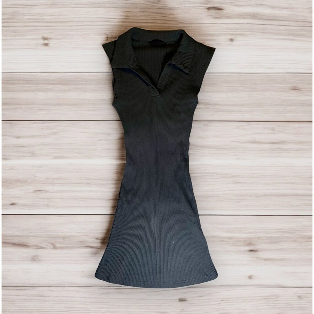 Sleeveless Black Ribbed Knit Polo Collar Mini Dress SZ XS